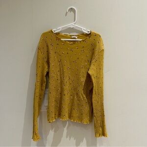 Zara Girls (10) Yellow Floral Long Sleeve Ribbed Top with Lettuce Hem